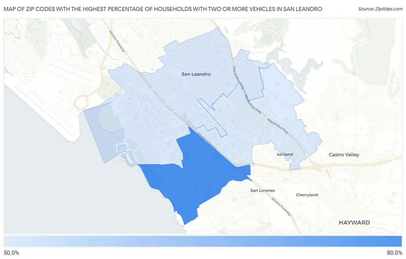 Zip Codes with the Highest Percentage of Households With Two or more Vehicles in San Leandro Map