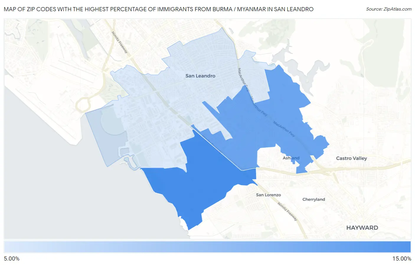 Zip Codes with the Highest Percentage of Immigrants from Burma / Myanmar in San Leandro Map