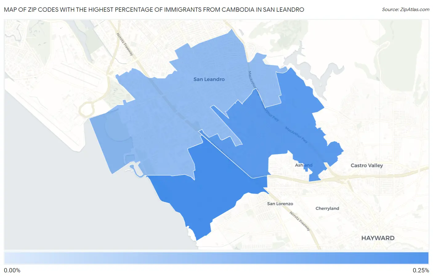 Zip Codes with the Highest Percentage of Immigrants from Cambodia in San Leandro Map