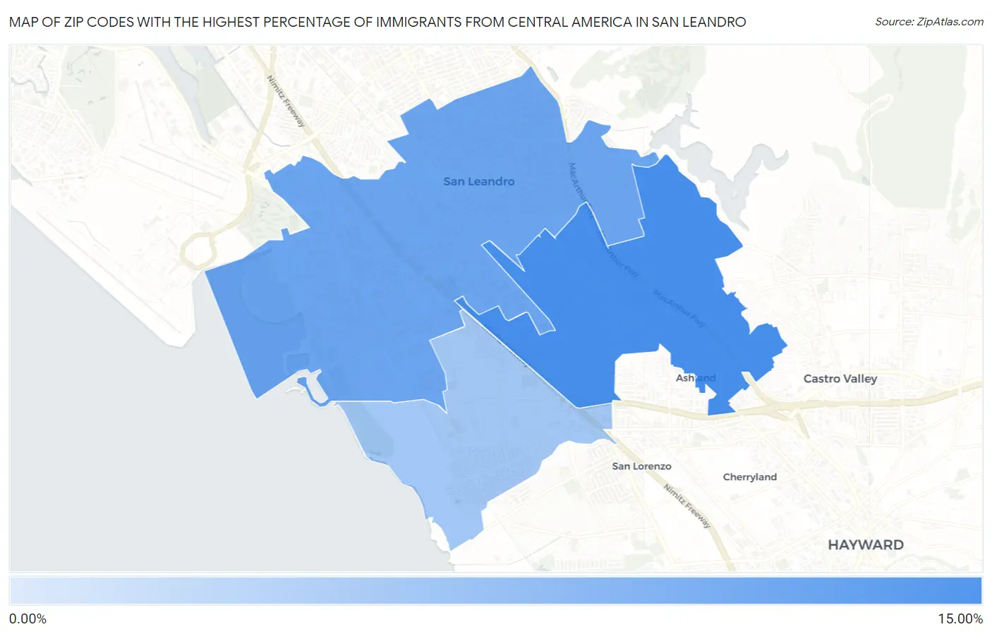 Zip Codes with the Highest Percentage of Immigrants from Central America in San Leandro Map