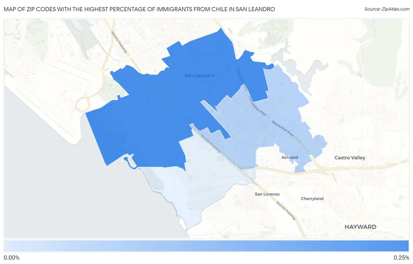 Zip Codes with the Highest Percentage of Immigrants from Chile in San Leandro Map