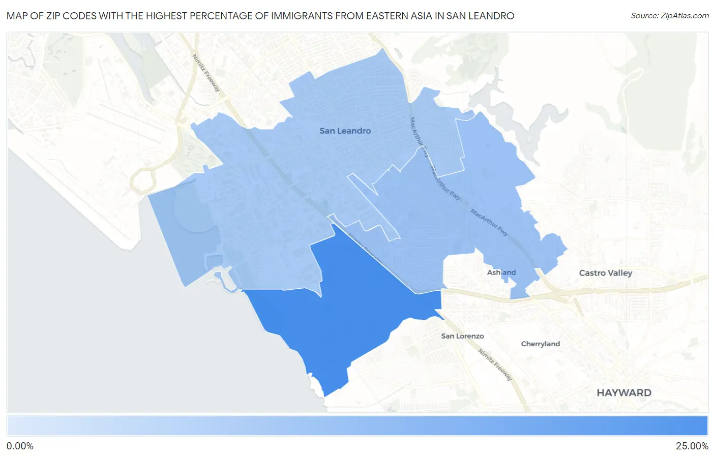 Zip Codes with the Highest Percentage of Immigrants from Eastern Asia in San Leandro Map