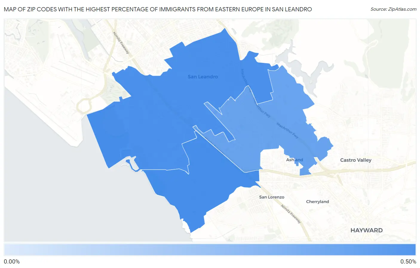 Zip Codes with the Highest Percentage of Immigrants from Eastern Europe in San Leandro Map