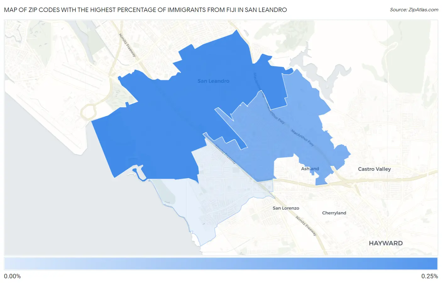 Zip Codes with the Highest Percentage of Immigrants from Fiji in San Leandro Map