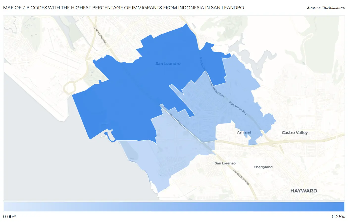 Zip Codes with the Highest Percentage of Immigrants from Indonesia in San Leandro Map