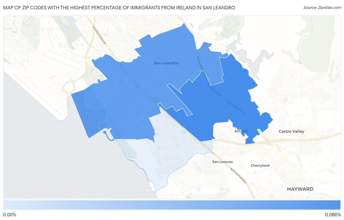 Zip Codes with the Highest Percentage of Immigrants from Ireland in San Leandro Map