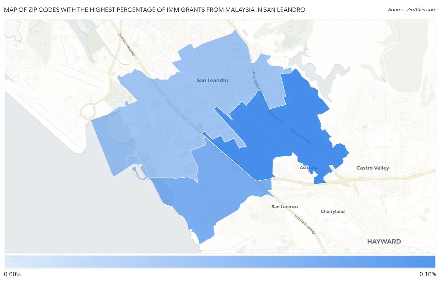 Zip Codes with the Highest Percentage of Immigrants from Malaysia in San Leandro Map