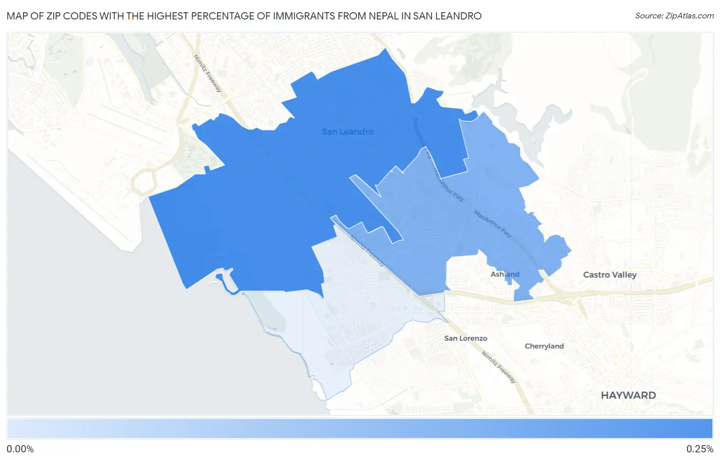 Zip Codes with the Highest Percentage of Immigrants from Nepal in San Leandro Map