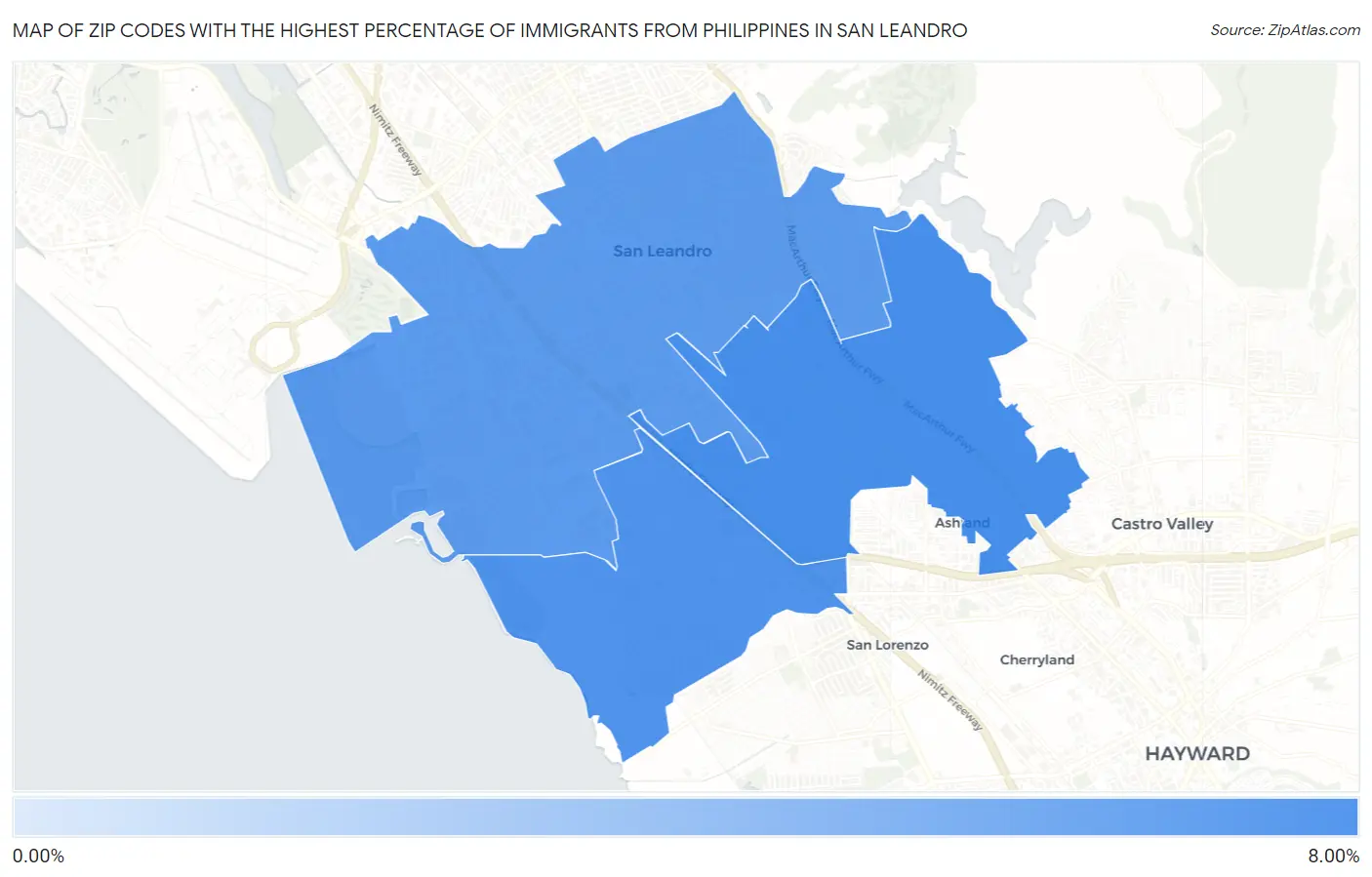 Zip Codes with the Highest Percentage of Immigrants from Philippines in San Leandro Map