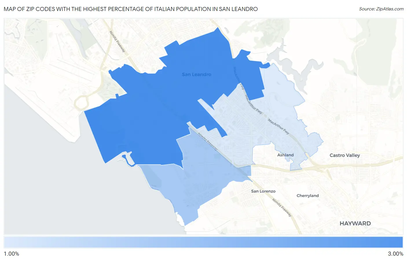 Zip Codes with the Highest Percentage of Italian Population in San Leandro Map