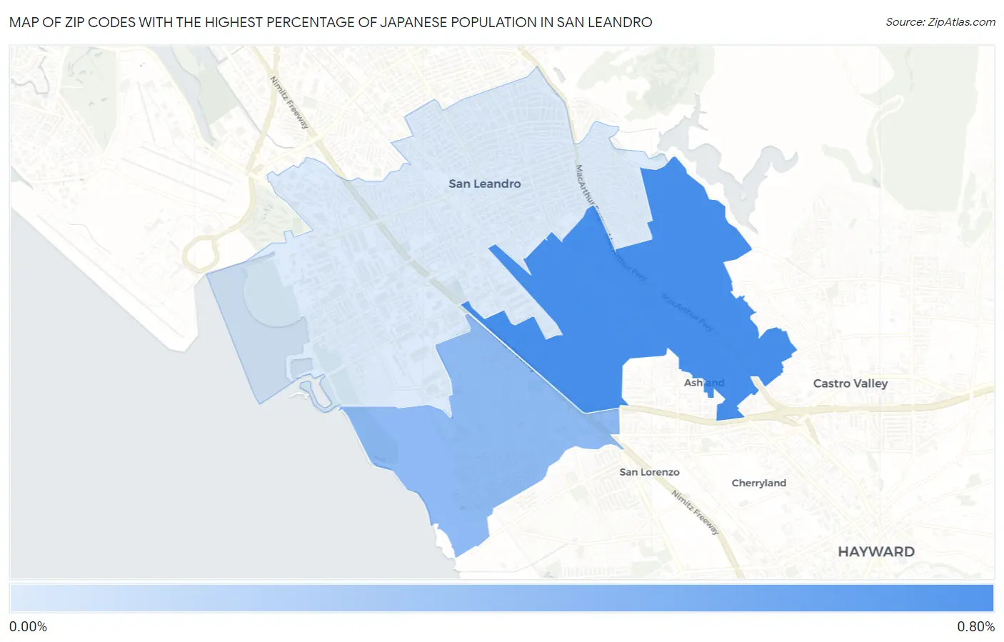 Zip Codes with the Highest Percentage of Japanese Population in San Leandro Map