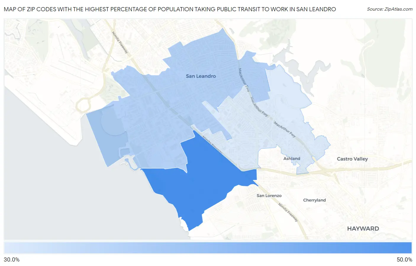 Zip Codes with the Highest Percentage of Population Taking Public Transit to Work in San Leandro Map