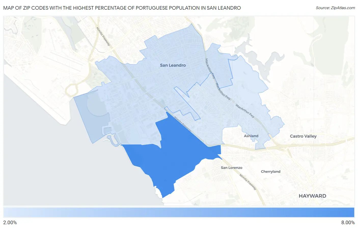 Zip Codes with the Highest Percentage of Portuguese Population in San Leandro Map