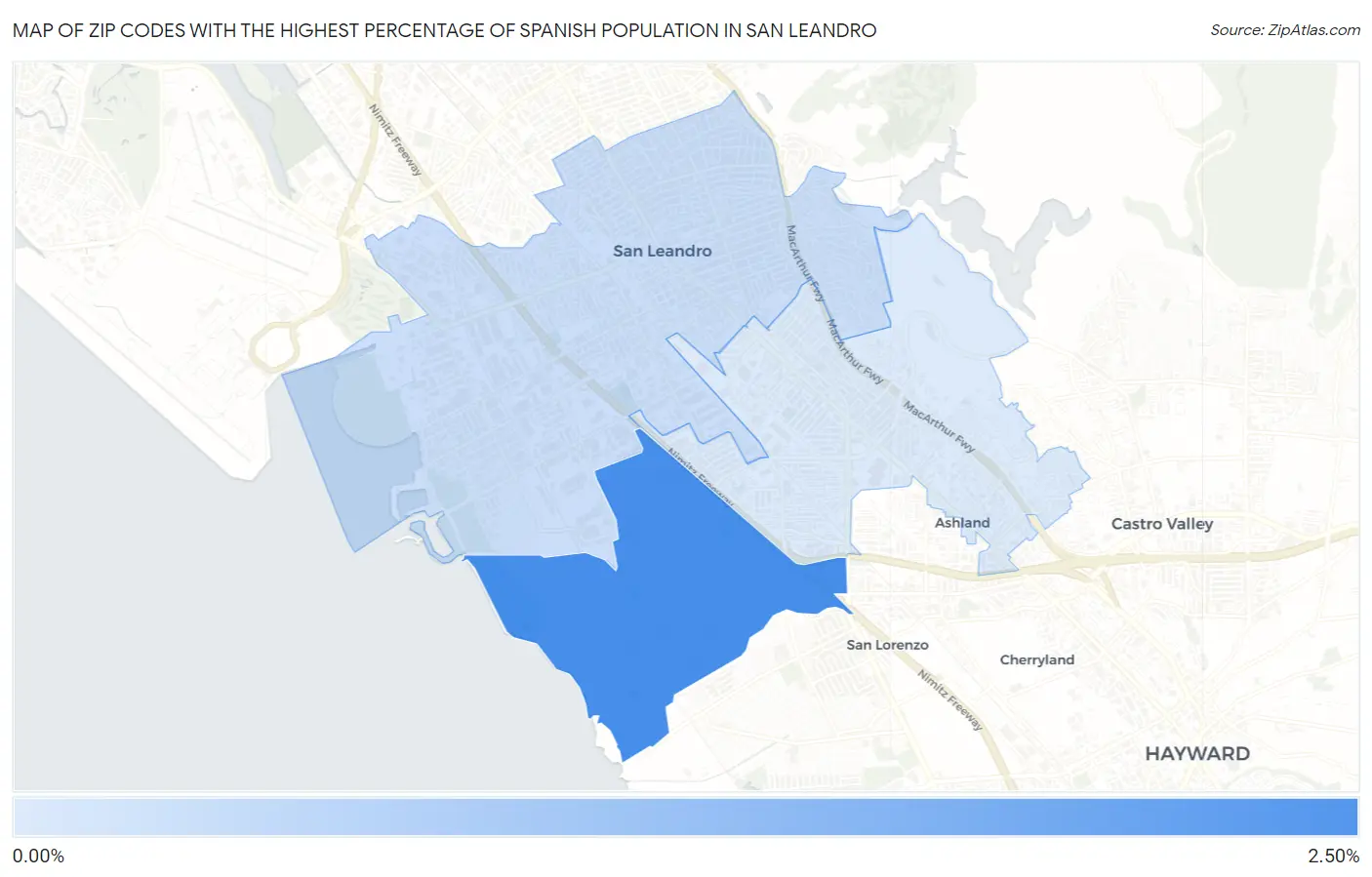 Zip Codes with the Highest Percentage of Spanish Population in San Leandro Map