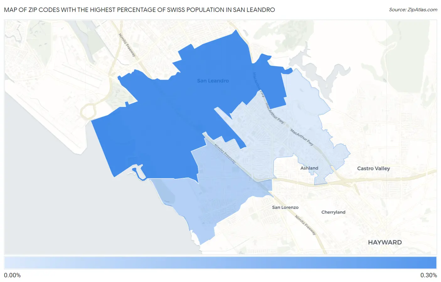 Zip Codes with the Highest Percentage of Swiss Population in San Leandro Map