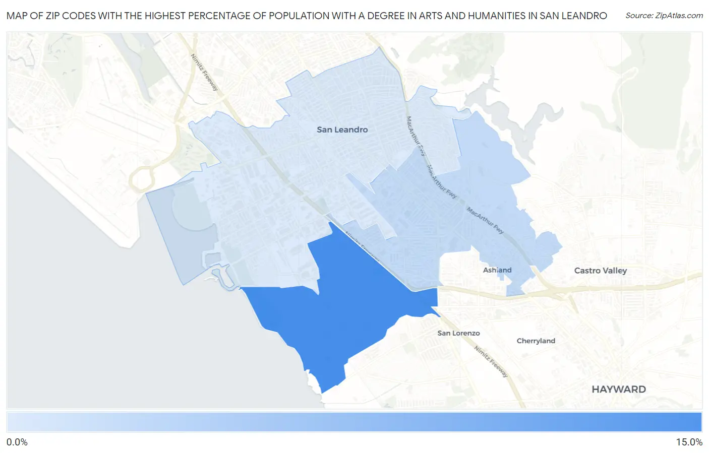 Zip Codes with the Highest Percentage of Population with a Degree in Arts and Humanities in San Leandro Map