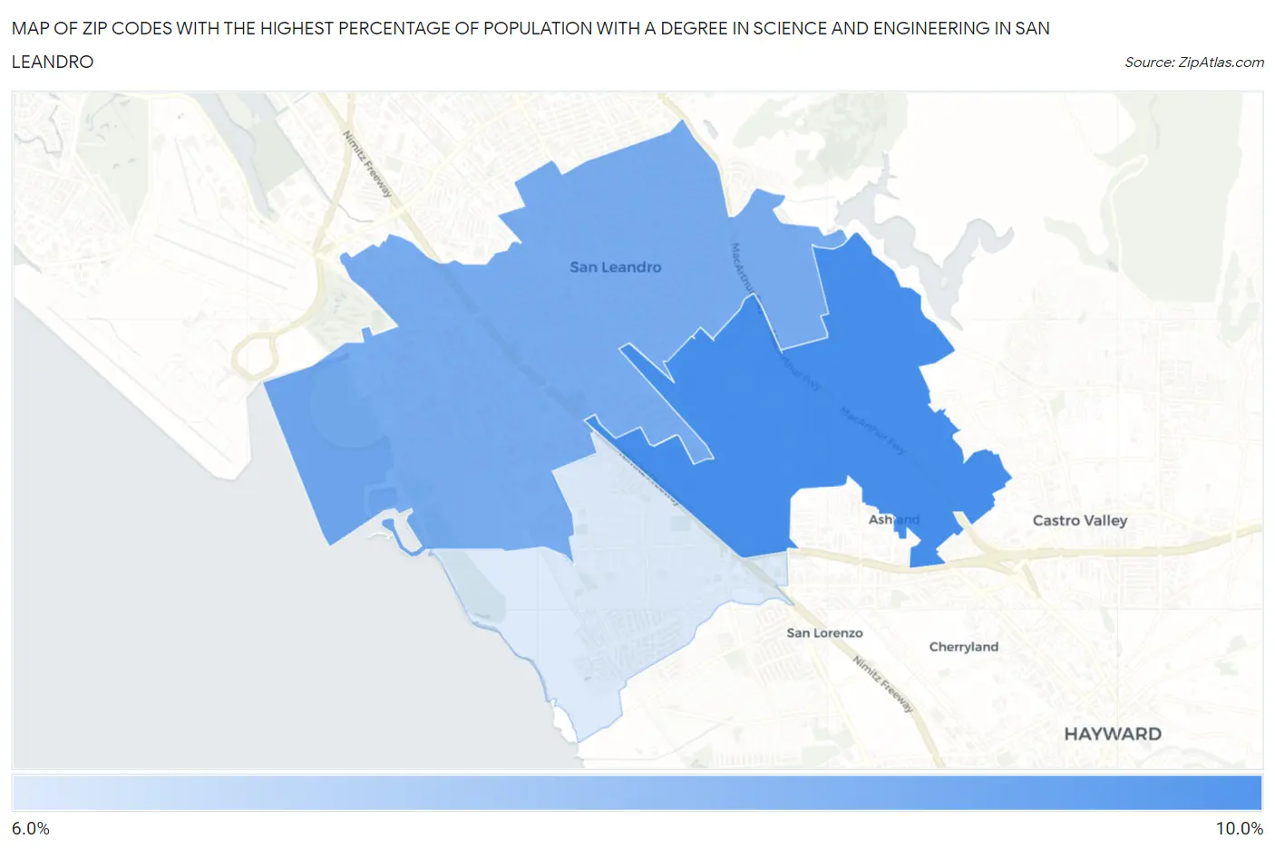 Zip Codes with the Highest Percentage of Population with a Degree in Science and Engineering in San Leandro Map