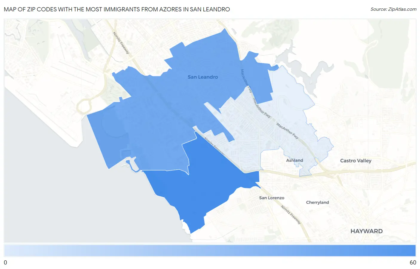 Zip Codes with the Most Immigrants from Azores in San Leandro Map