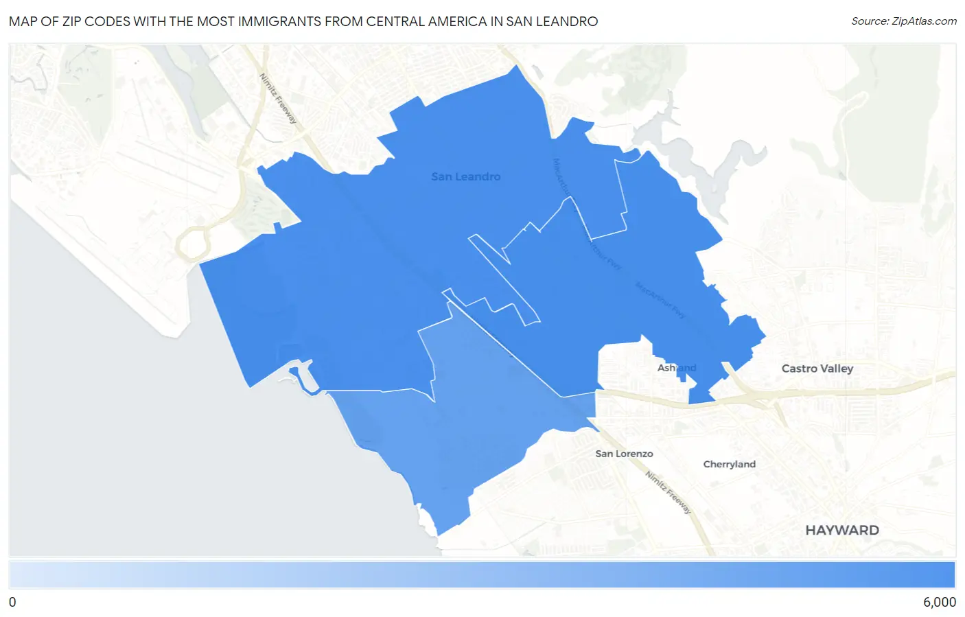 Zip Codes with the Most Immigrants from Central America in San Leandro Map