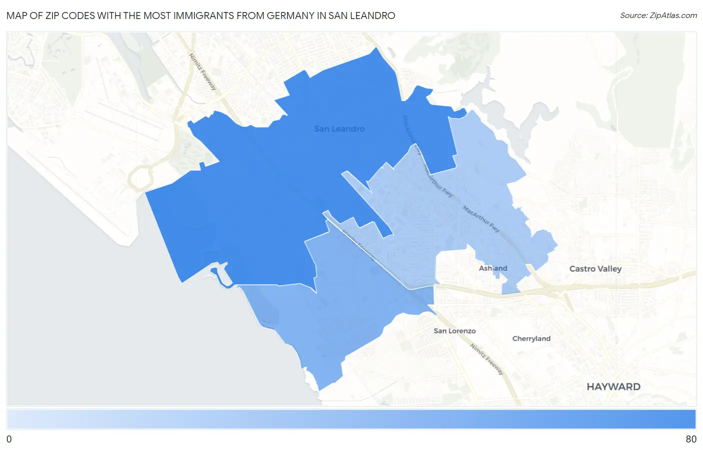 Zip Codes with the Most Immigrants from Germany in San Leandro Map