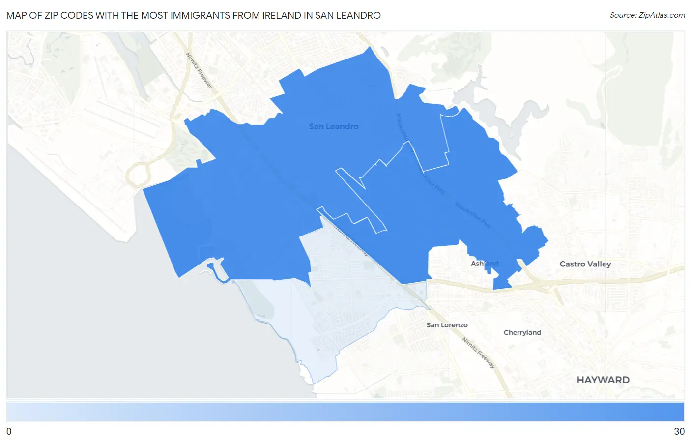 Zip Codes with the Most Immigrants from Ireland in San Leandro Map