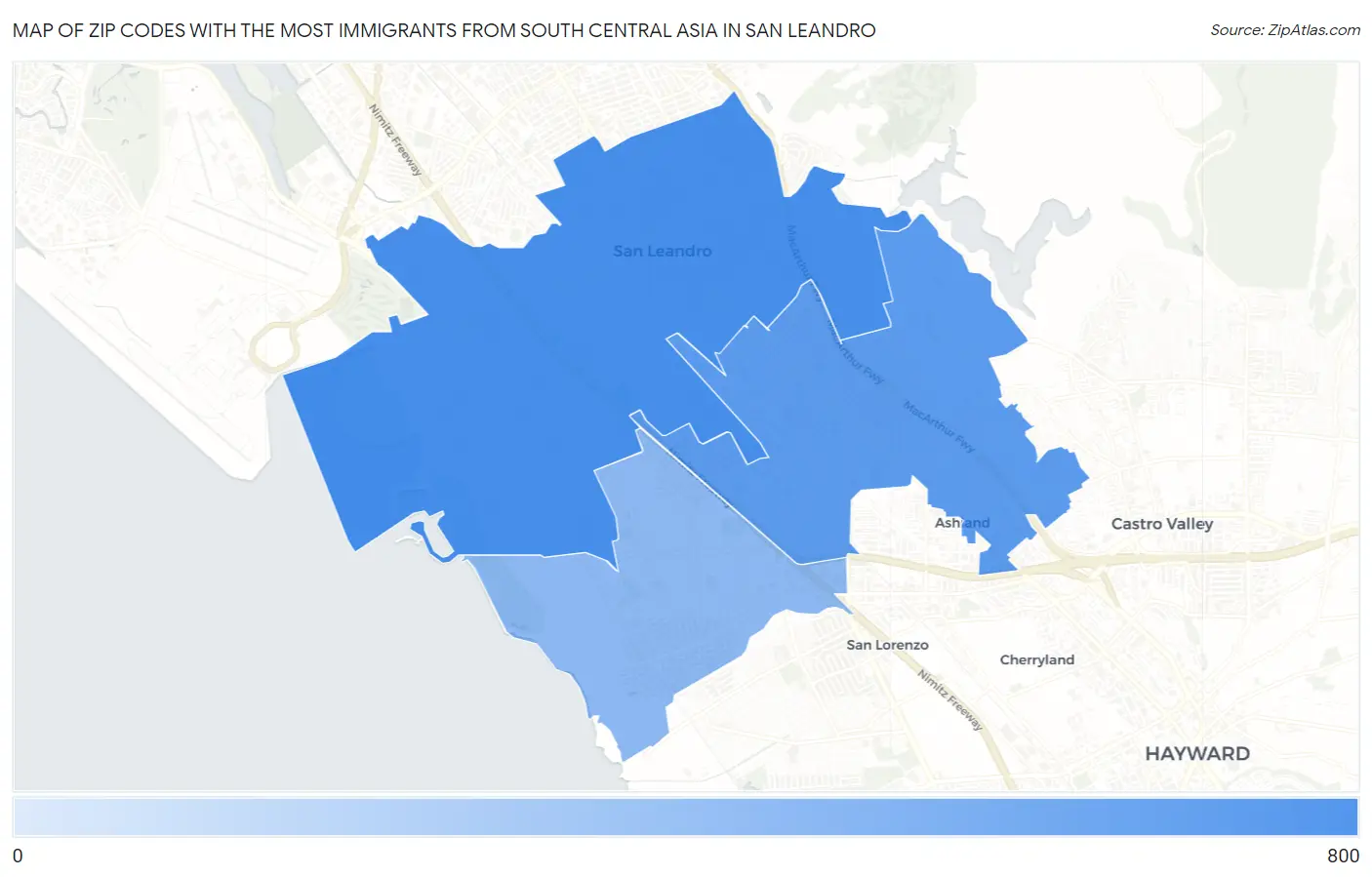 Zip Codes with the Most Immigrants from South Central Asia in San Leandro Map