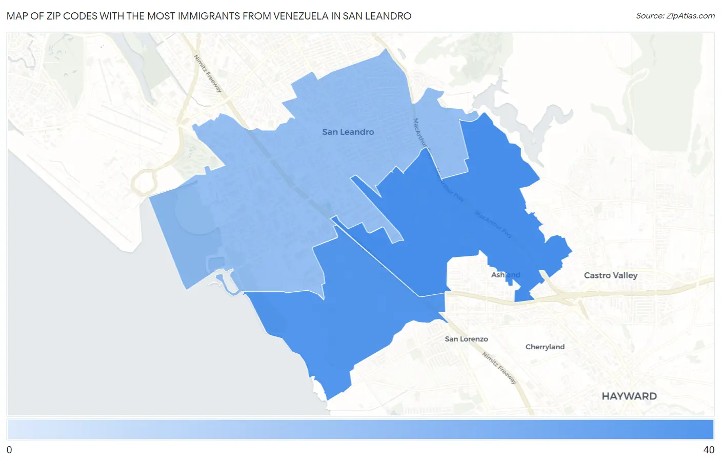 Zip Codes with the Most Immigrants from Venezuela in San Leandro Map