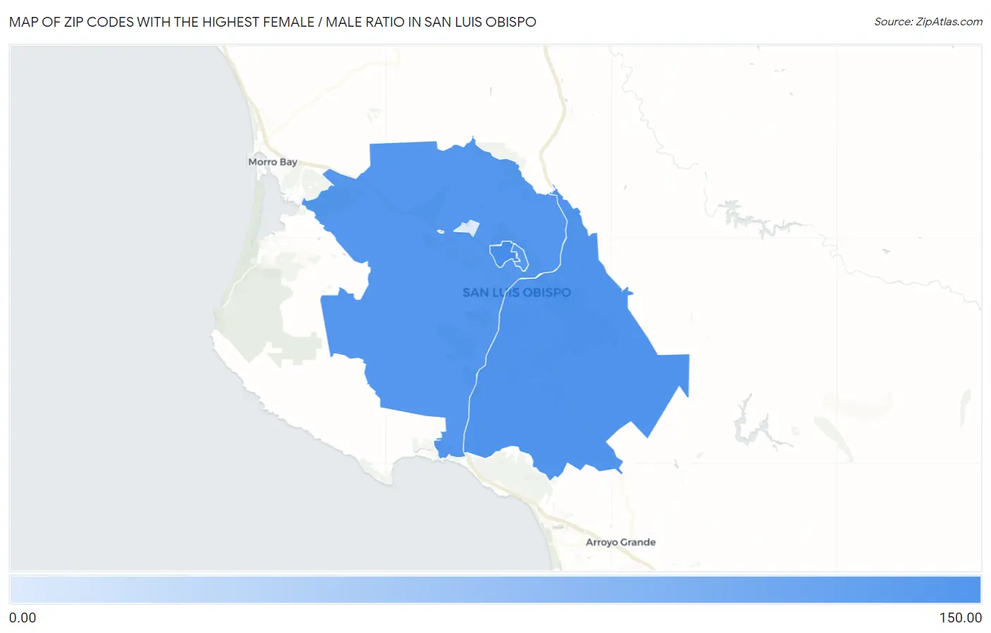 Zip Codes with the Highest Female / Male Ratio in San Luis Obispo Map