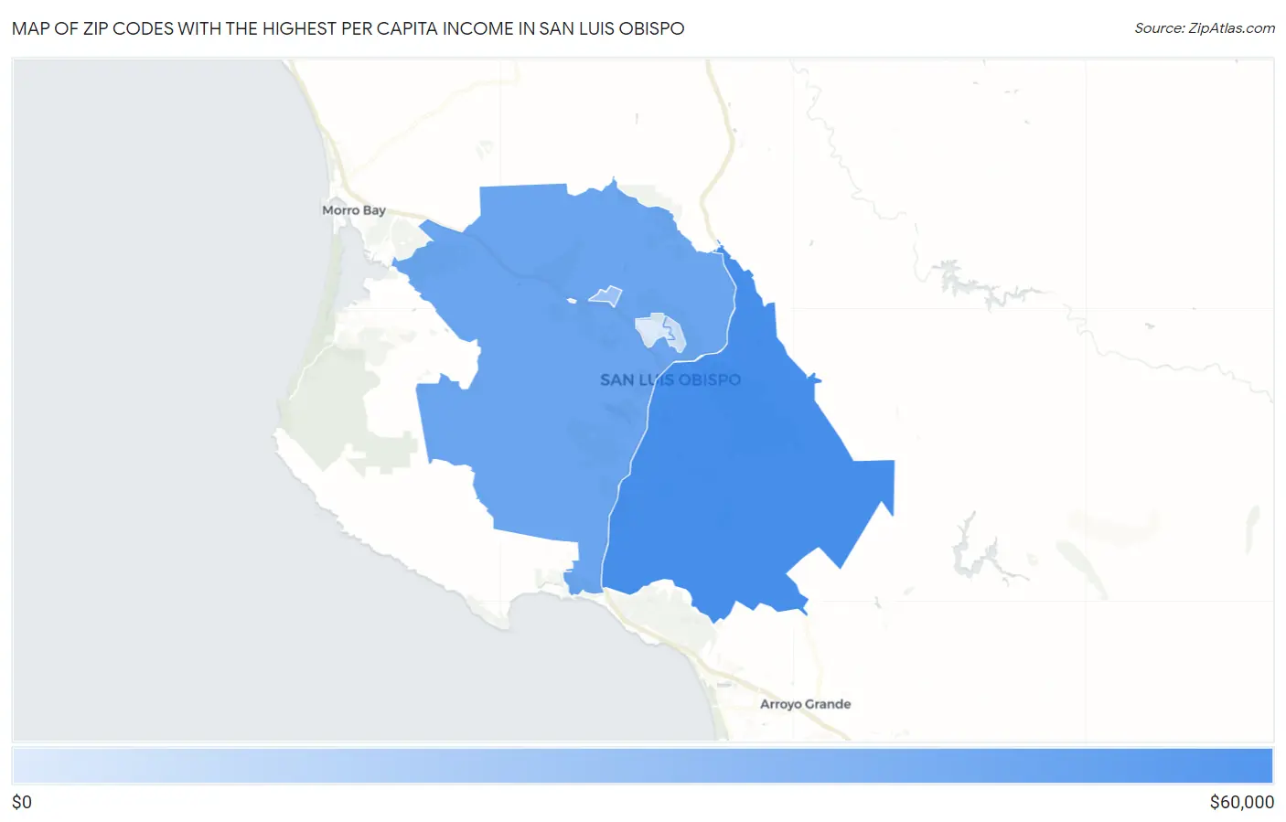 Zip Codes with the Highest Per Capita Income in San Luis Obispo Map