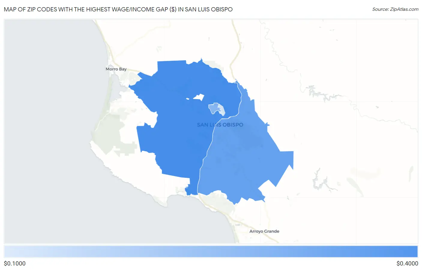 Zip Codes with the Highest Wage/Income Gap ($) in San Luis Obispo Map