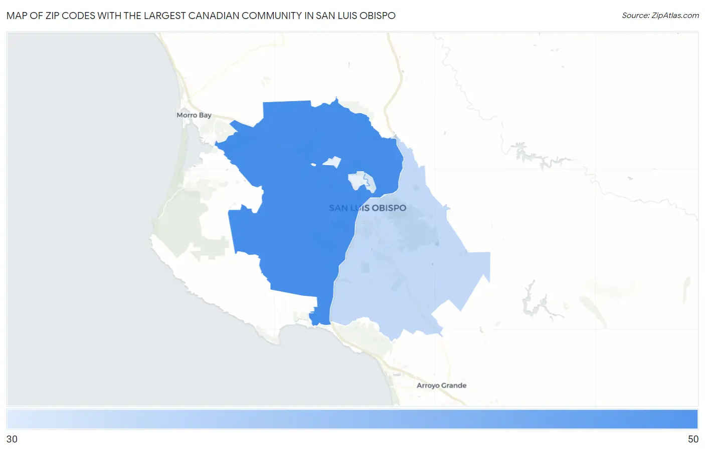 Zip Codes with the Largest Canadian Community in San Luis Obispo Map