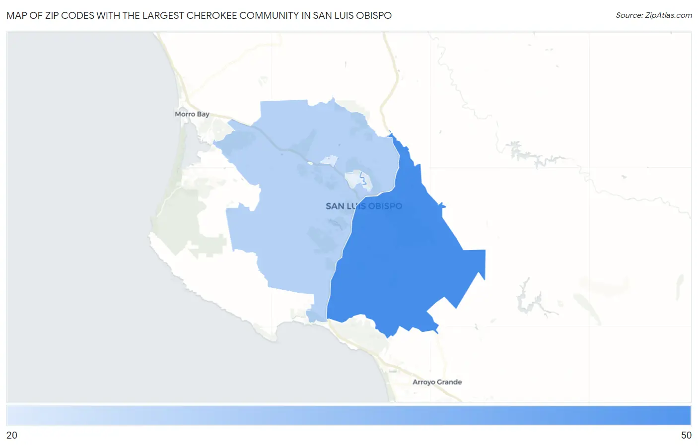 Zip Codes with the Largest Cherokee Community in San Luis Obispo Map