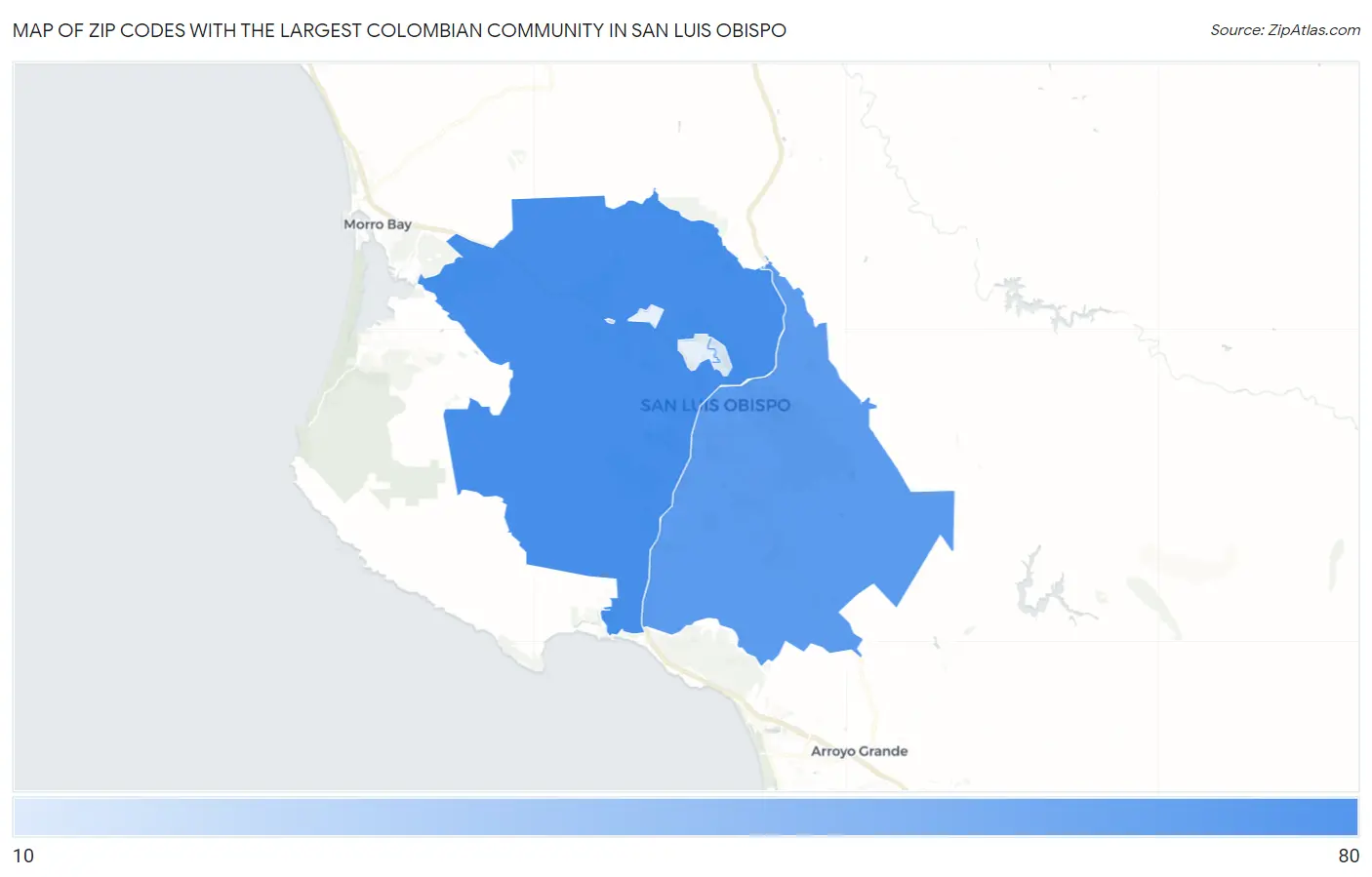 Zip Codes with the Largest Colombian Community in San Luis Obispo Map
