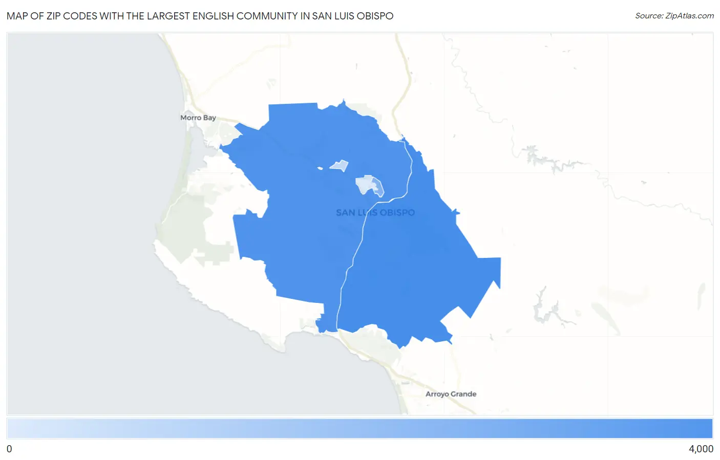 Zip Codes with the Largest English Community in San Luis Obispo Map