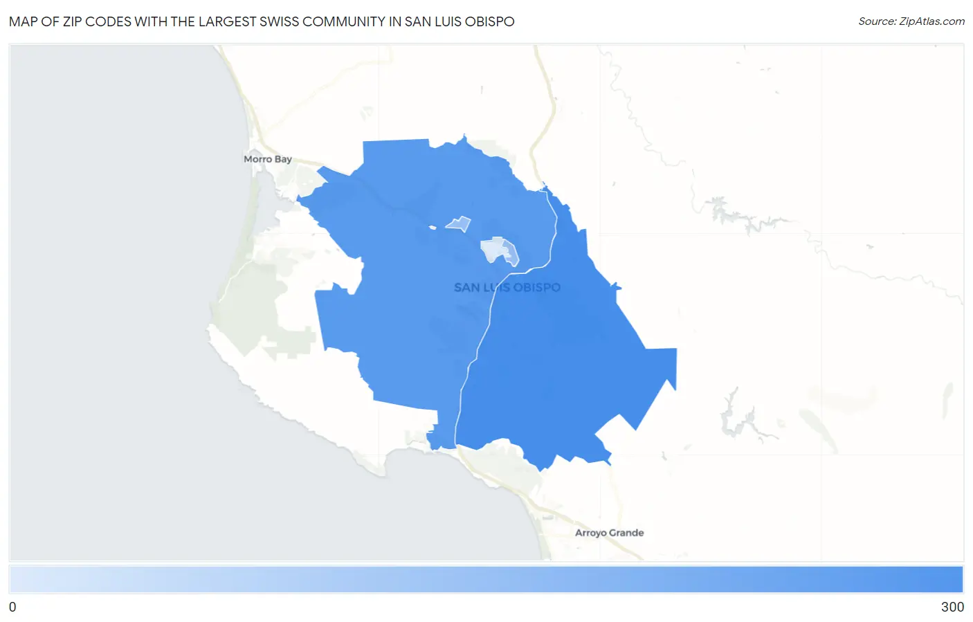 Zip Codes with the Largest Swiss Community in San Luis Obispo Map