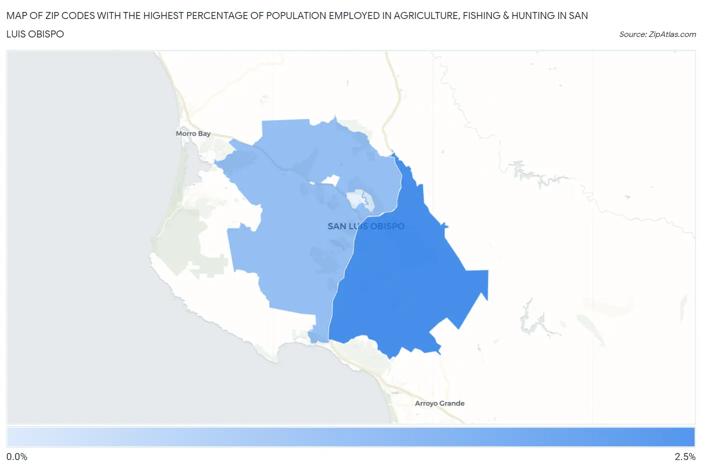 Zip Codes with the Highest Percentage of Population Employed in Agriculture, Fishing & Hunting in San Luis Obispo Map