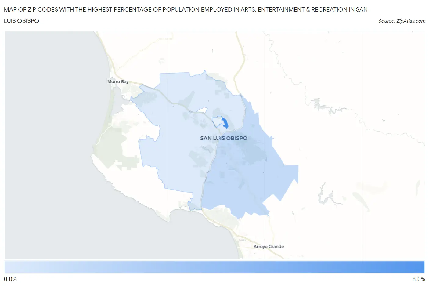 Zip Codes with the Highest Percentage of Population Employed in Arts, Entertainment & Recreation in San Luis Obispo Map