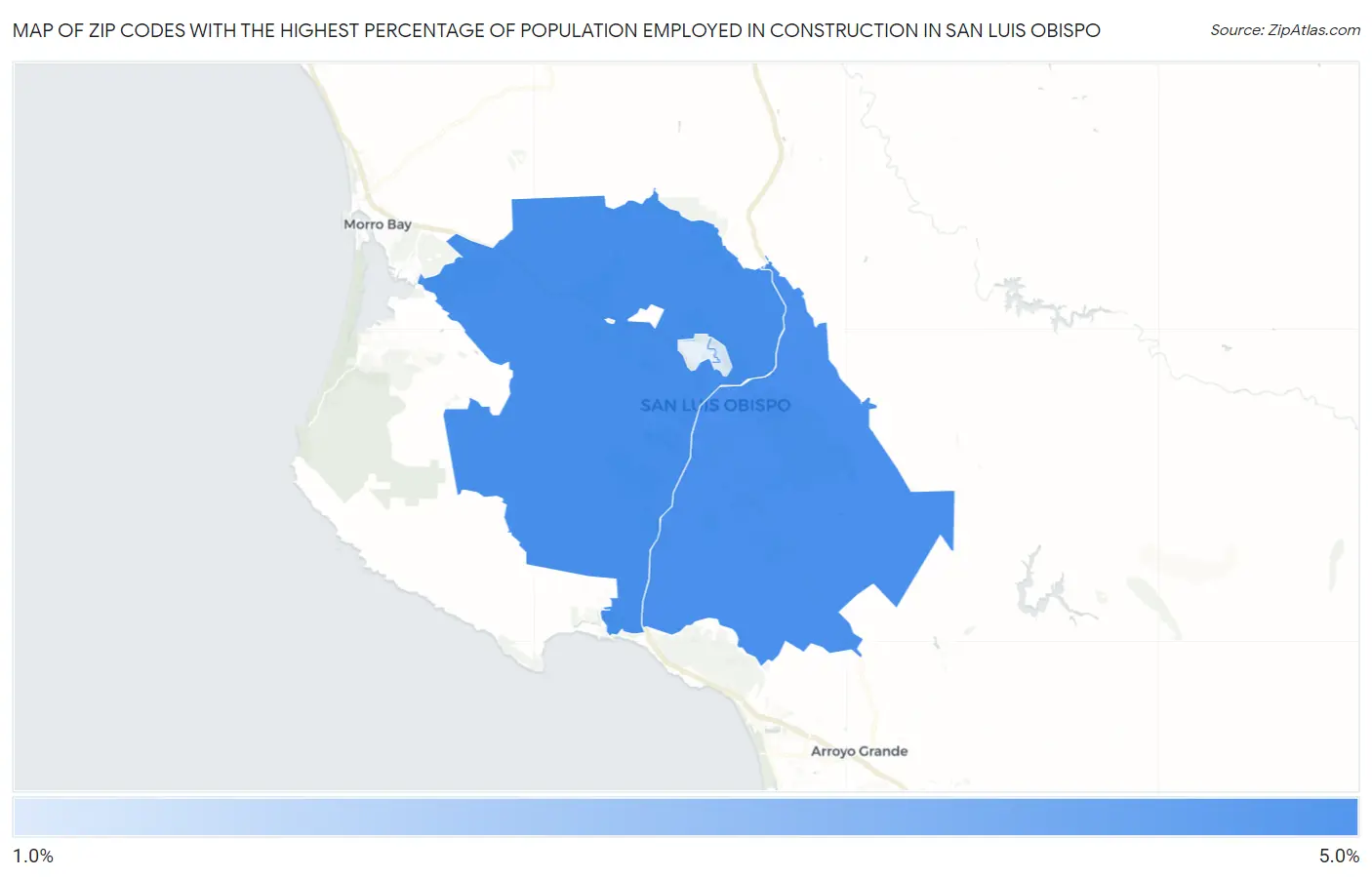Zip Codes with the Highest Percentage of Population Employed in Construction in San Luis Obispo Map
