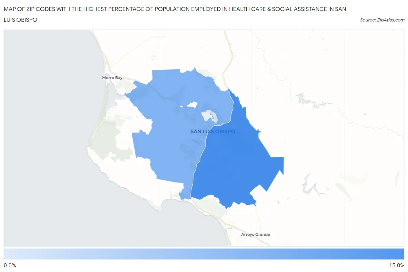 Zip Codes with the Highest Percentage of Population Employed in Health Care & Social Assistance in San Luis Obispo Map