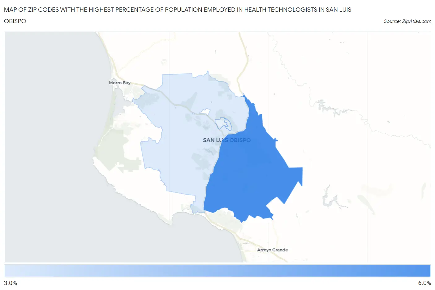 Zip Codes with the Highest Percentage of Population Employed in Health Technologists in San Luis Obispo Map