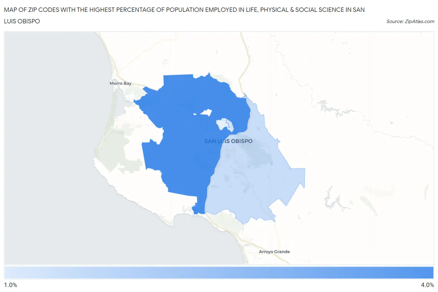 Zip Codes with the Highest Percentage of Population Employed in Life, Physical & Social Science in San Luis Obispo Map
