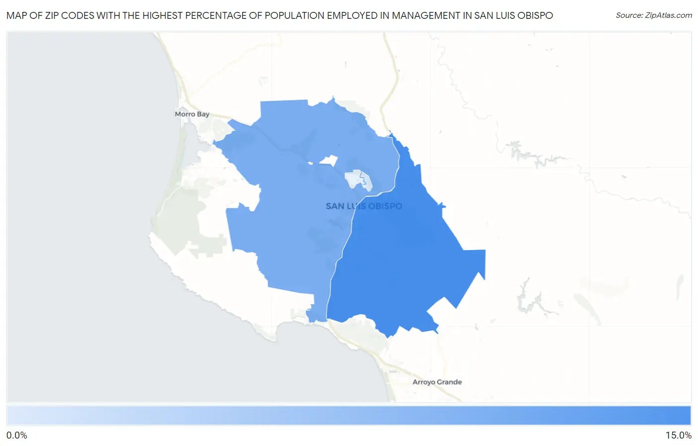 Zip Codes with the Highest Percentage of Population Employed in Management in San Luis Obispo Map