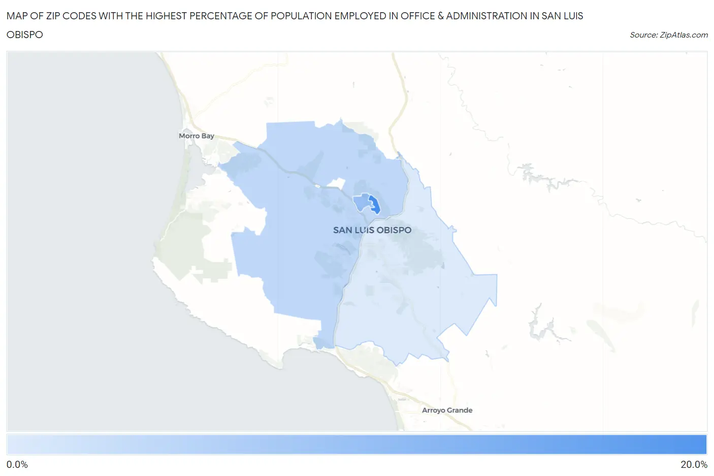 Zip Codes with the Highest Percentage of Population Employed in Office & Administration in San Luis Obispo Map