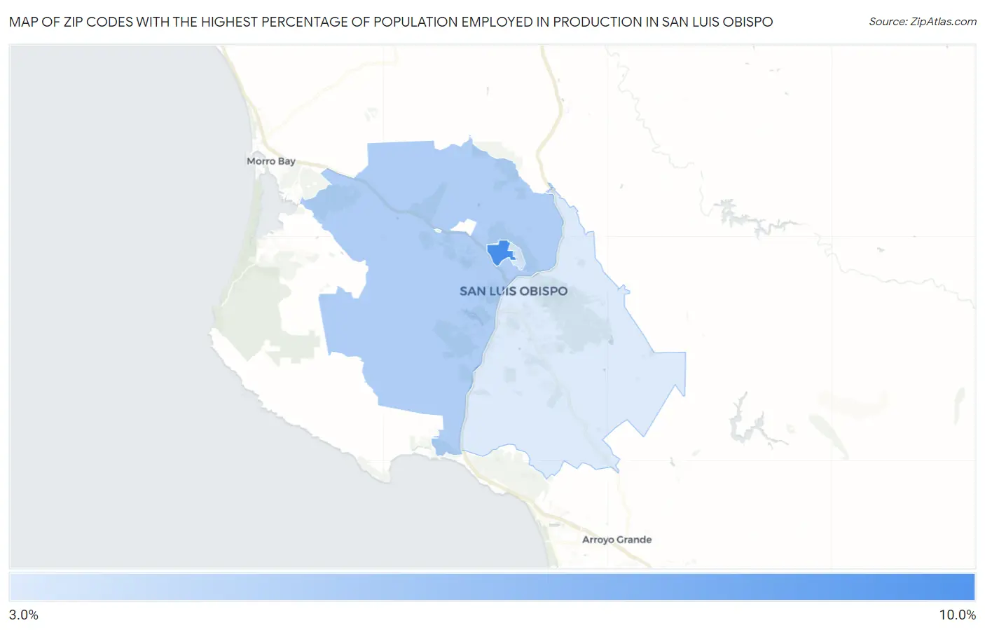 Zip Codes with the Highest Percentage of Population Employed in Production in San Luis Obispo Map