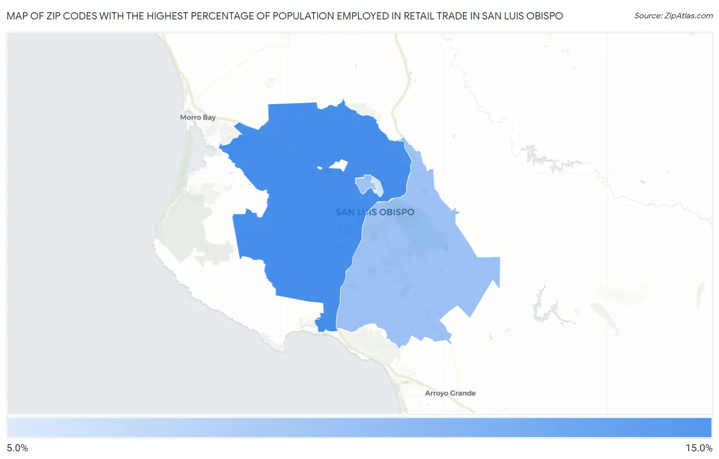 Zip Codes with the Highest Percentage of Population Employed in Retail Trade in San Luis Obispo Map