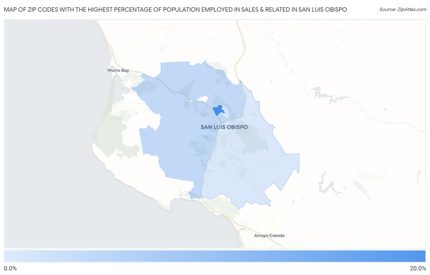 Zip Codes with the Highest Percentage of Population Employed in Sales & Related in San Luis Obispo Map