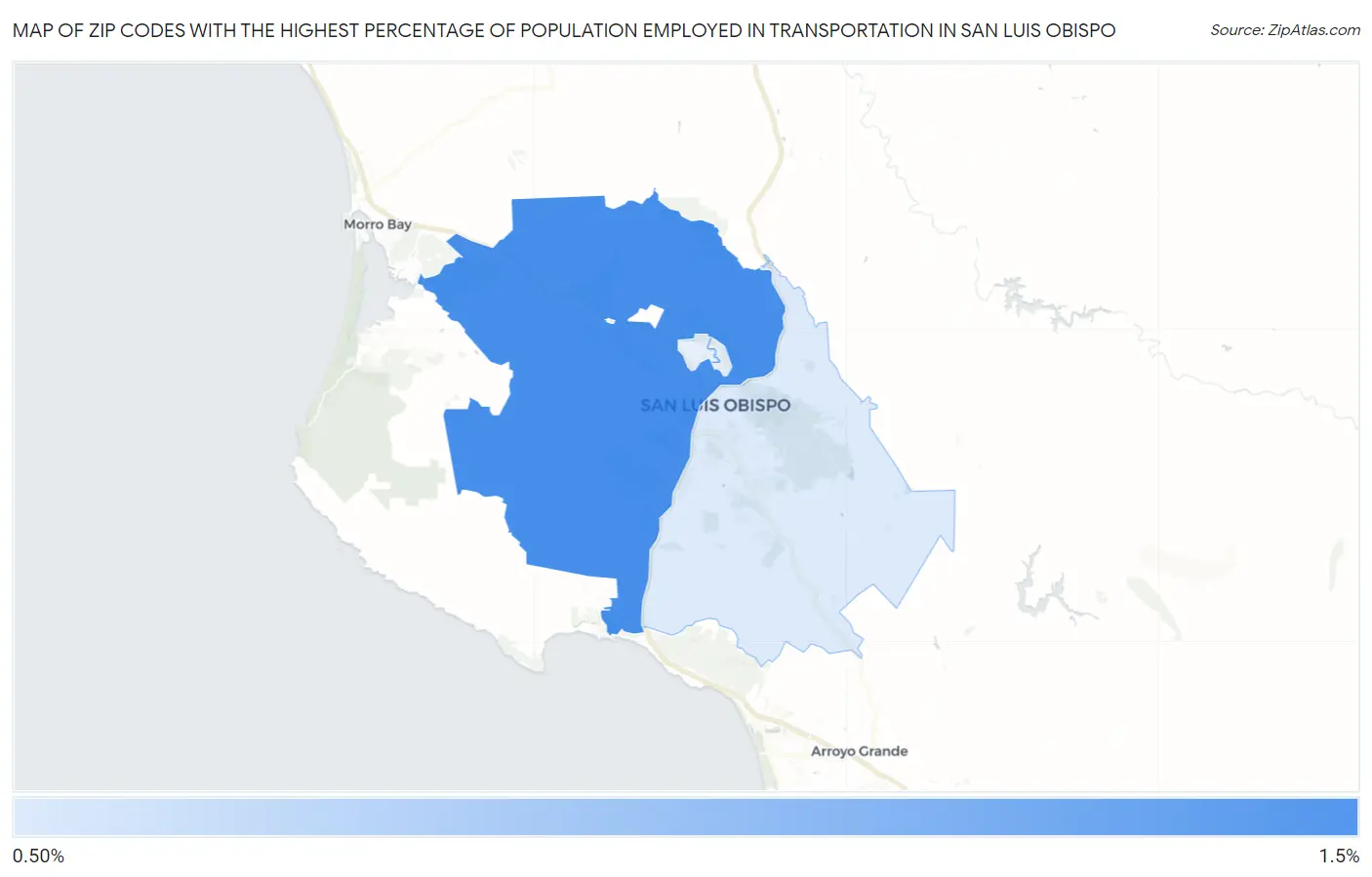 Zip Codes with the Highest Percentage of Population Employed in Transportation in San Luis Obispo Map