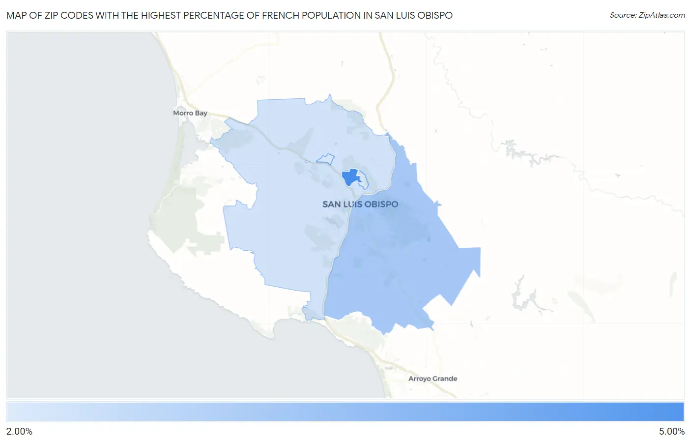 Zip Codes with the Highest Percentage of French Population in San Luis Obispo Map