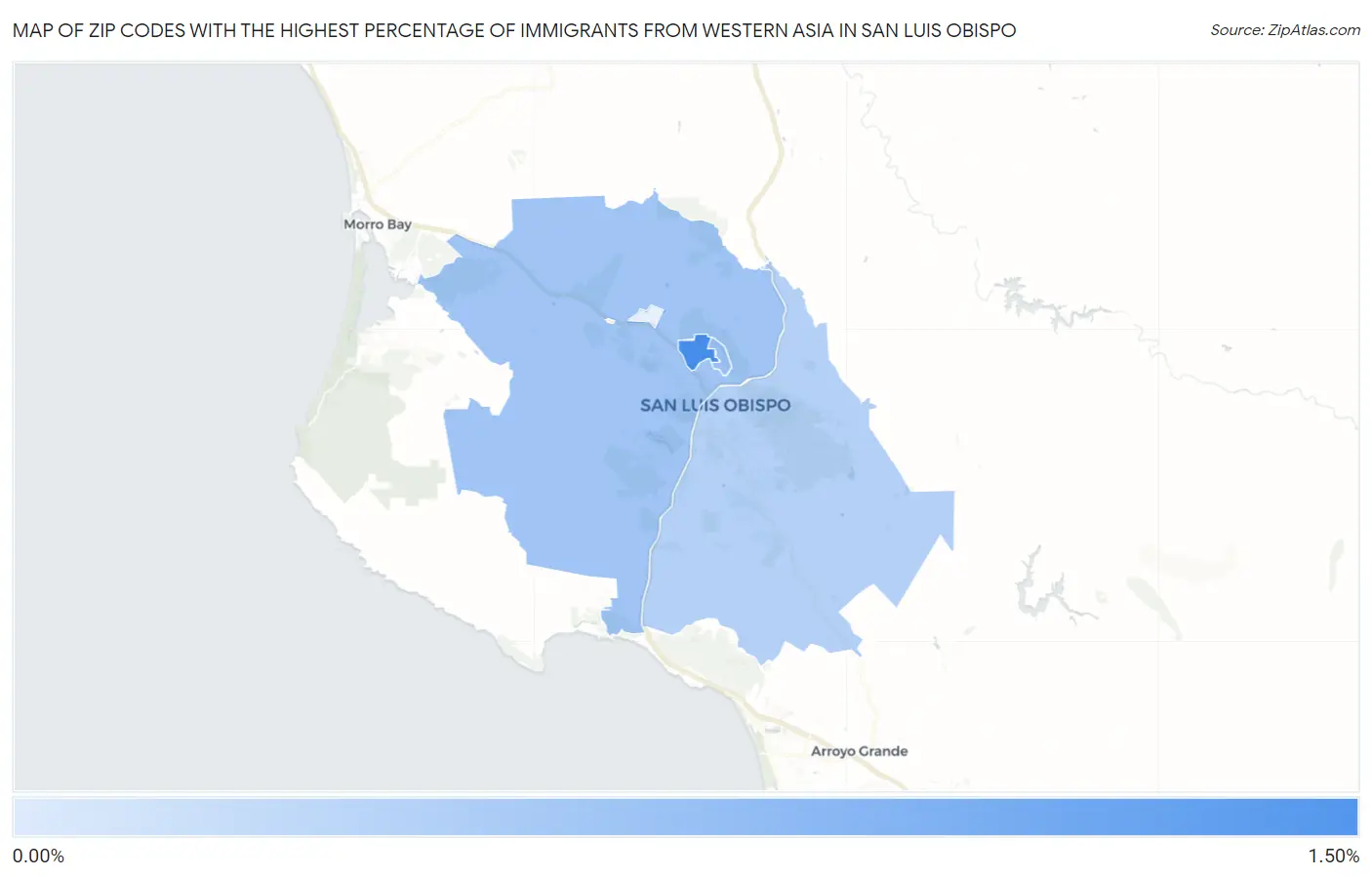 Zip Codes with the Highest Percentage of Immigrants from Western Asia in San Luis Obispo Map