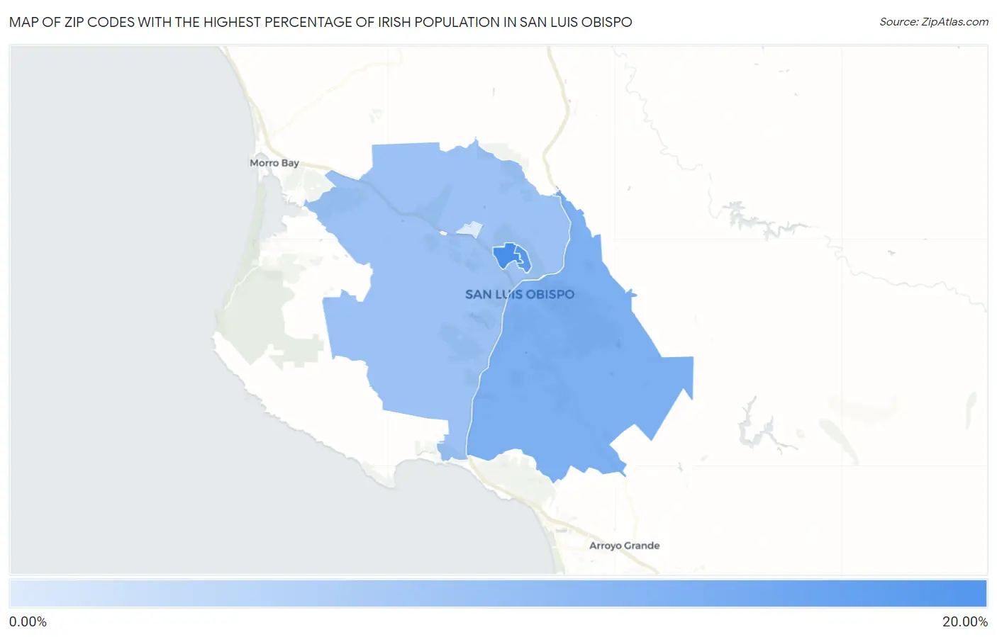Zip Codes with the Highest Percentage of Irish Population in San Luis Obispo Map